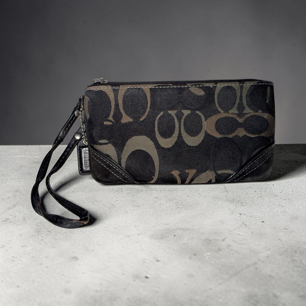 Coach Black Khaki Signature Jacquard Wristlet Clutch Zip Pouch